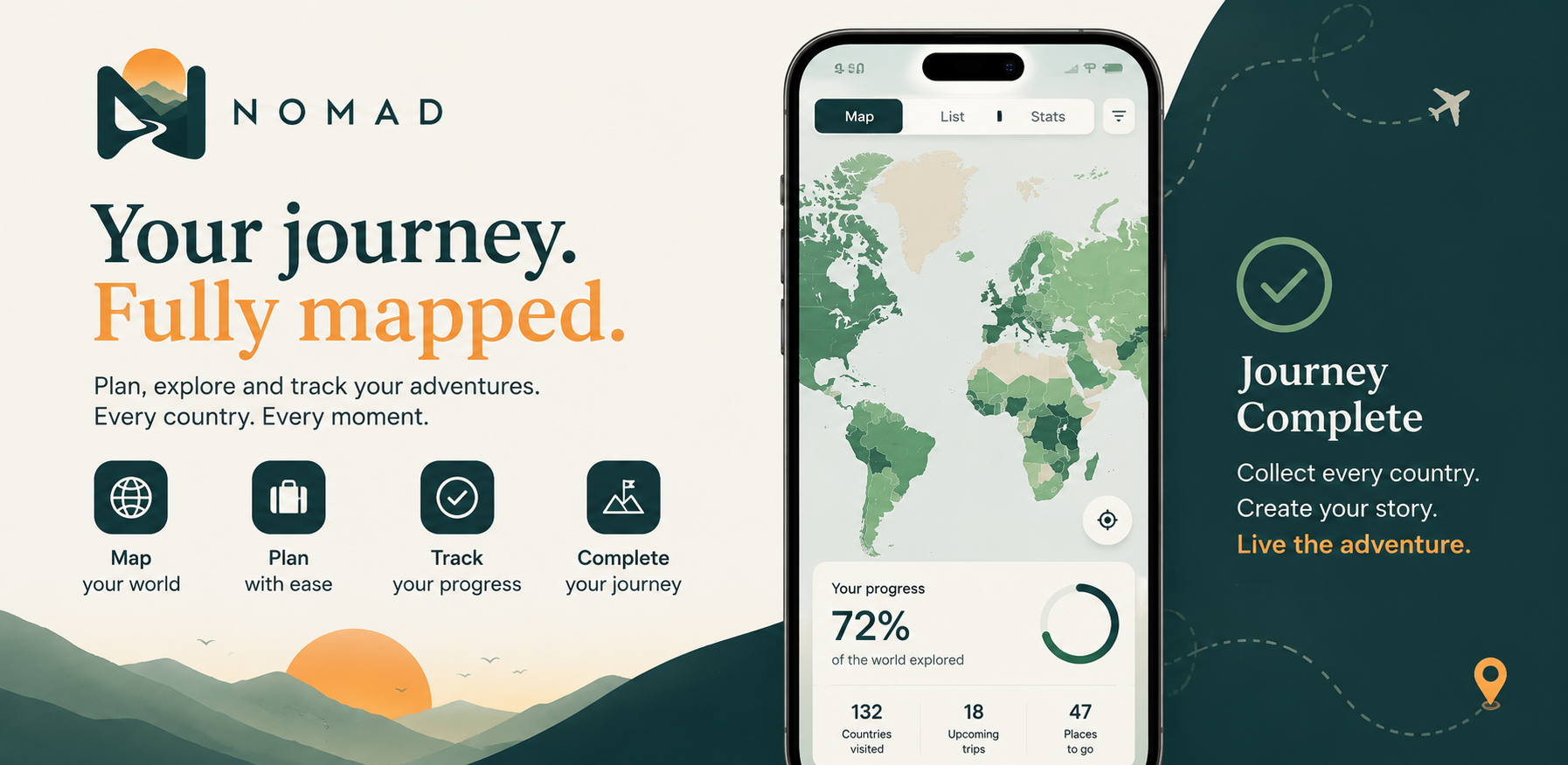 Nomad app showing a world map with visited countries highlighted